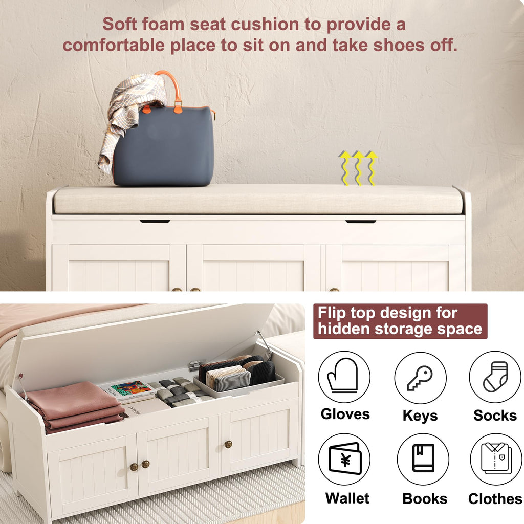 White Lift Top Storage Shoe Bench with Cushioned Seat H3296
