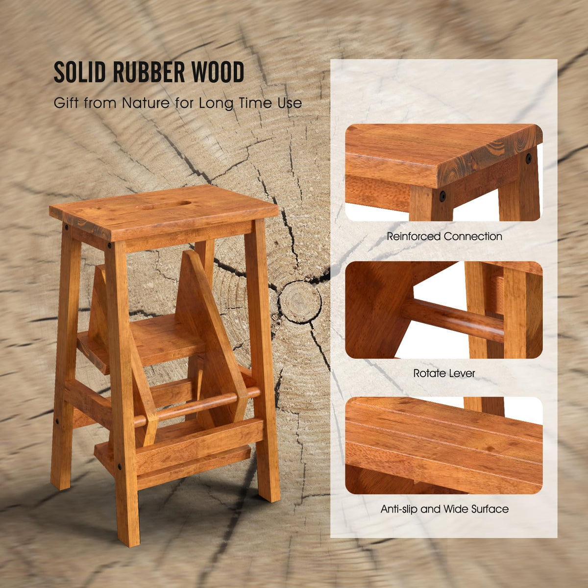 3 Tier Wood Step Ladder with Anti-Slip S3163