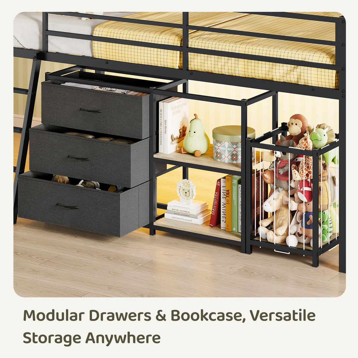 Black Twin Size Metal Low Loft Bed with 3 Drawers and Storage Q5268
