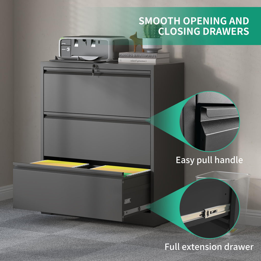 Black 3 Drawer Locking Metal File Cabinet I63478