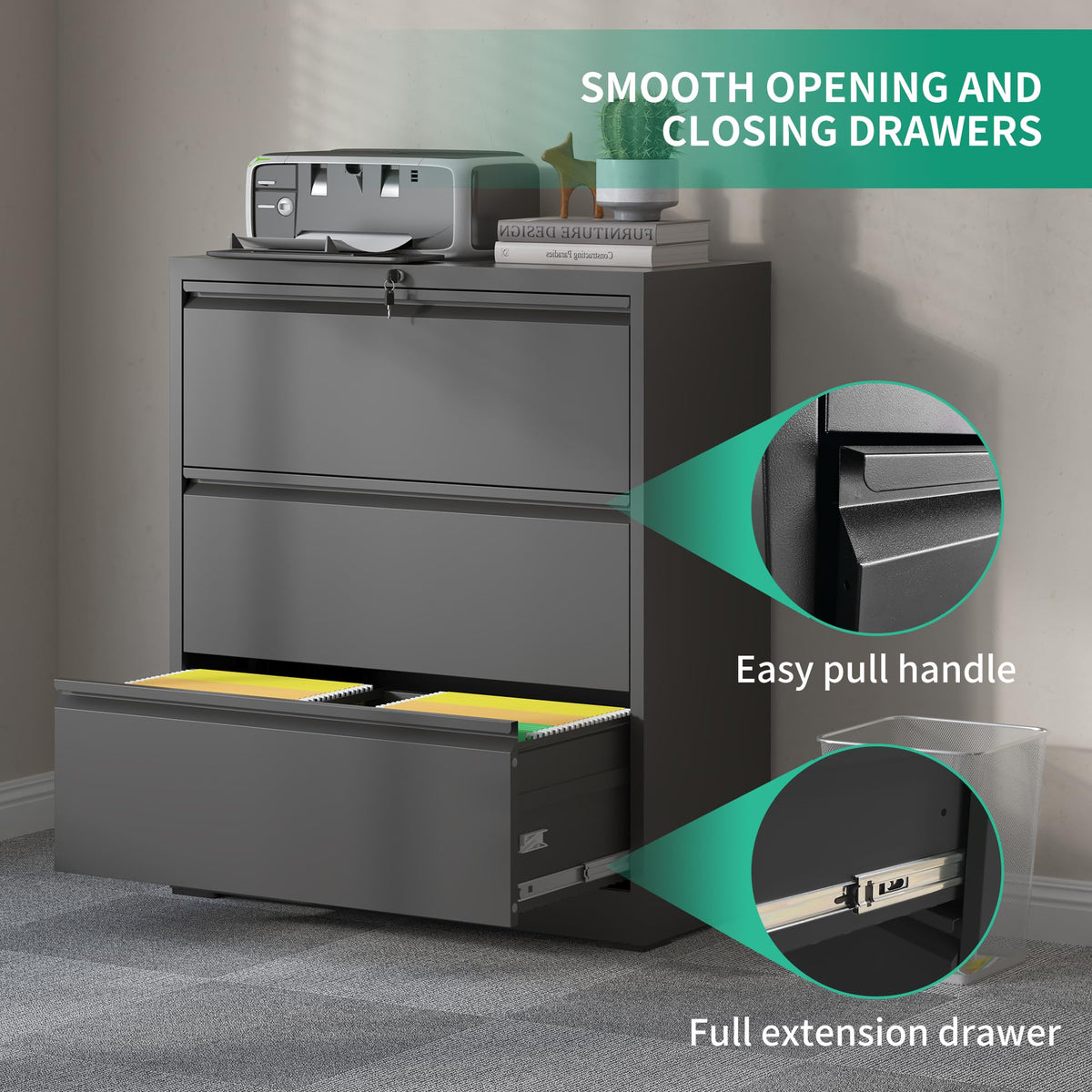 Black 3 Drawer Locking Metal File Cabinet I63478