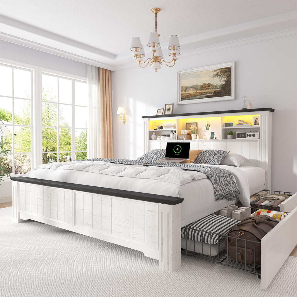 White Full Size Bed Frame with Headboard and Storage T42881