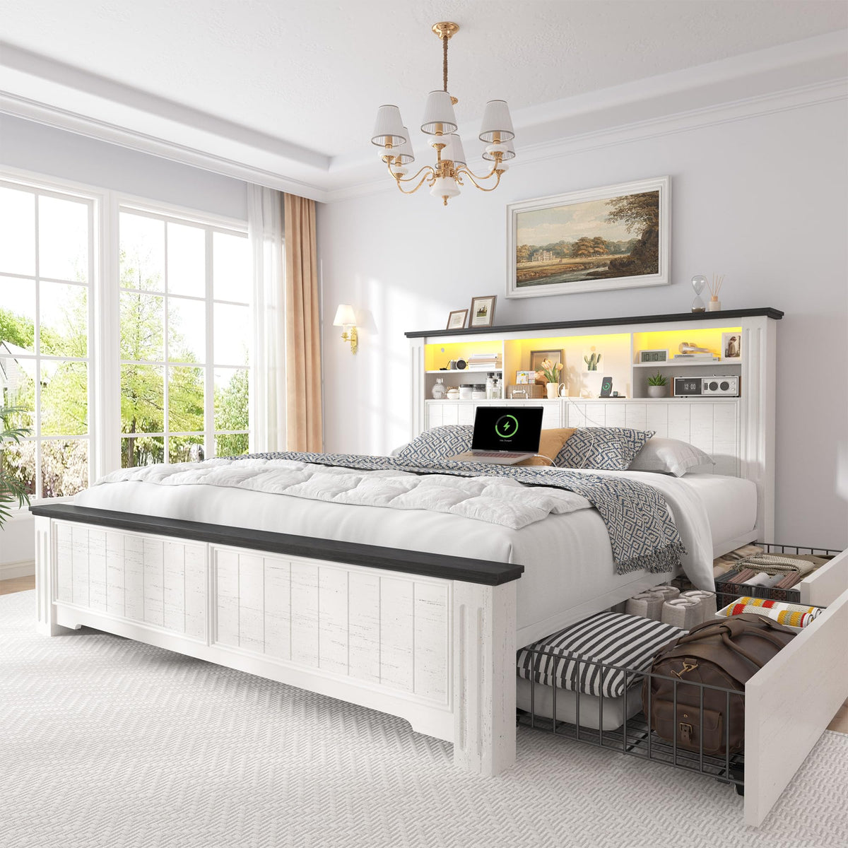 White Full Size Bed Frame with Headboard and Storage T42881