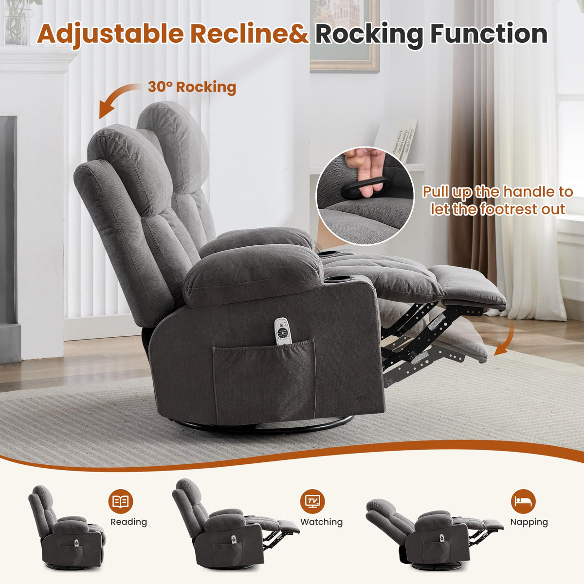 Swivel Rocker Recliner Chair with Massage and Heat X4089