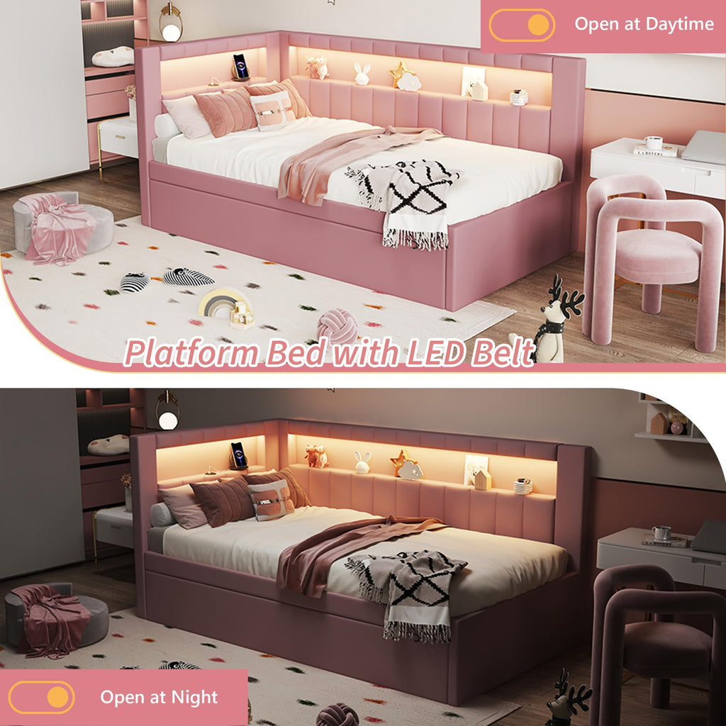 Twin Size Upholstered Platform Bed with Trundle and USB Ports, Pink X84327
