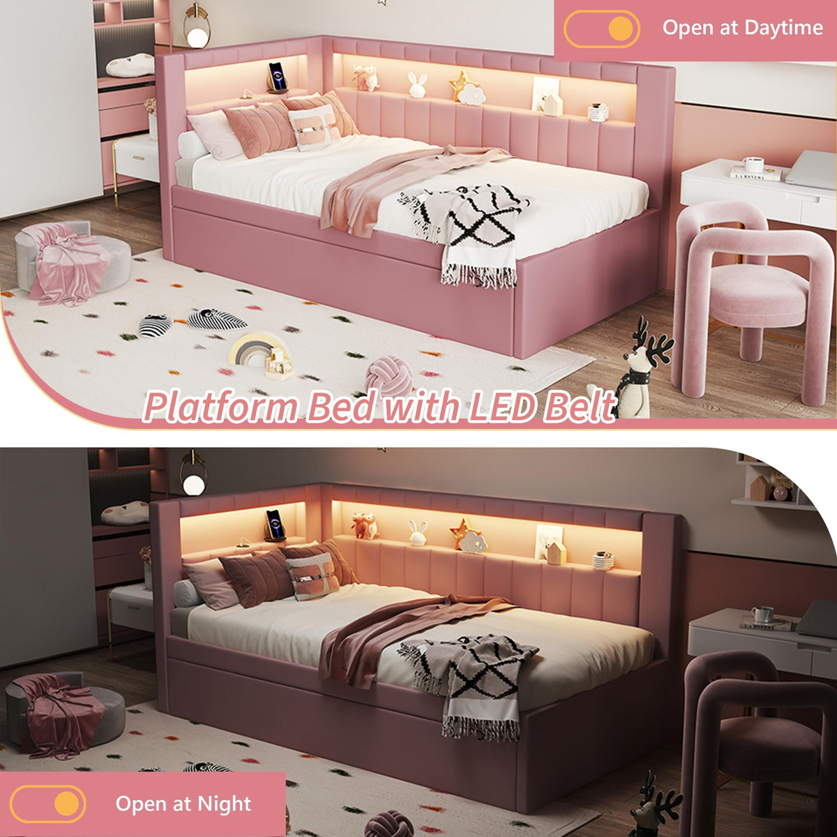 Twin Size Upholstered Platform Bed with Trundle and USB Ports, Pink X84327
