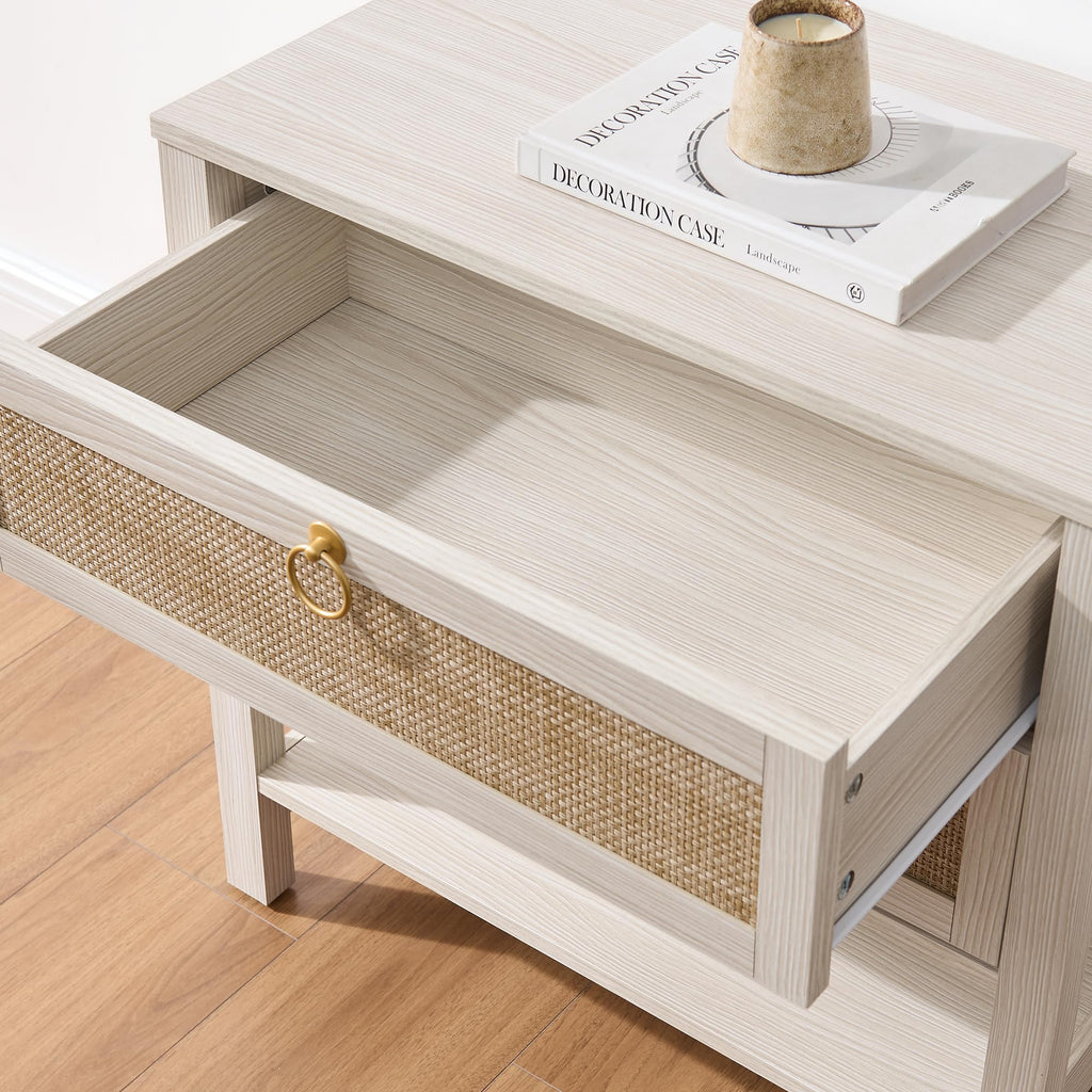 White Rattan Nightstand with 2 Drawers T25954