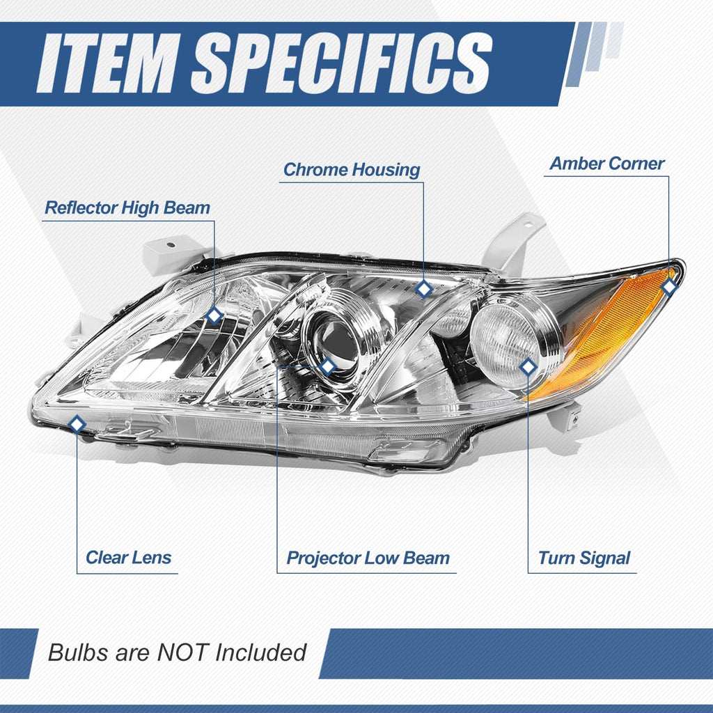 Headlight Assembly Compatible with Toyota Camry 2007 2008 2009 Chrome Housing Amber Corner E6844