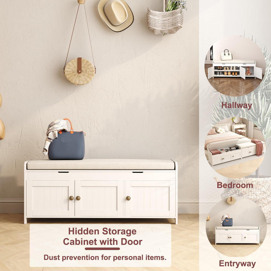 White Lift Top Storage Shoe Bench with Cushioned Seat H3296