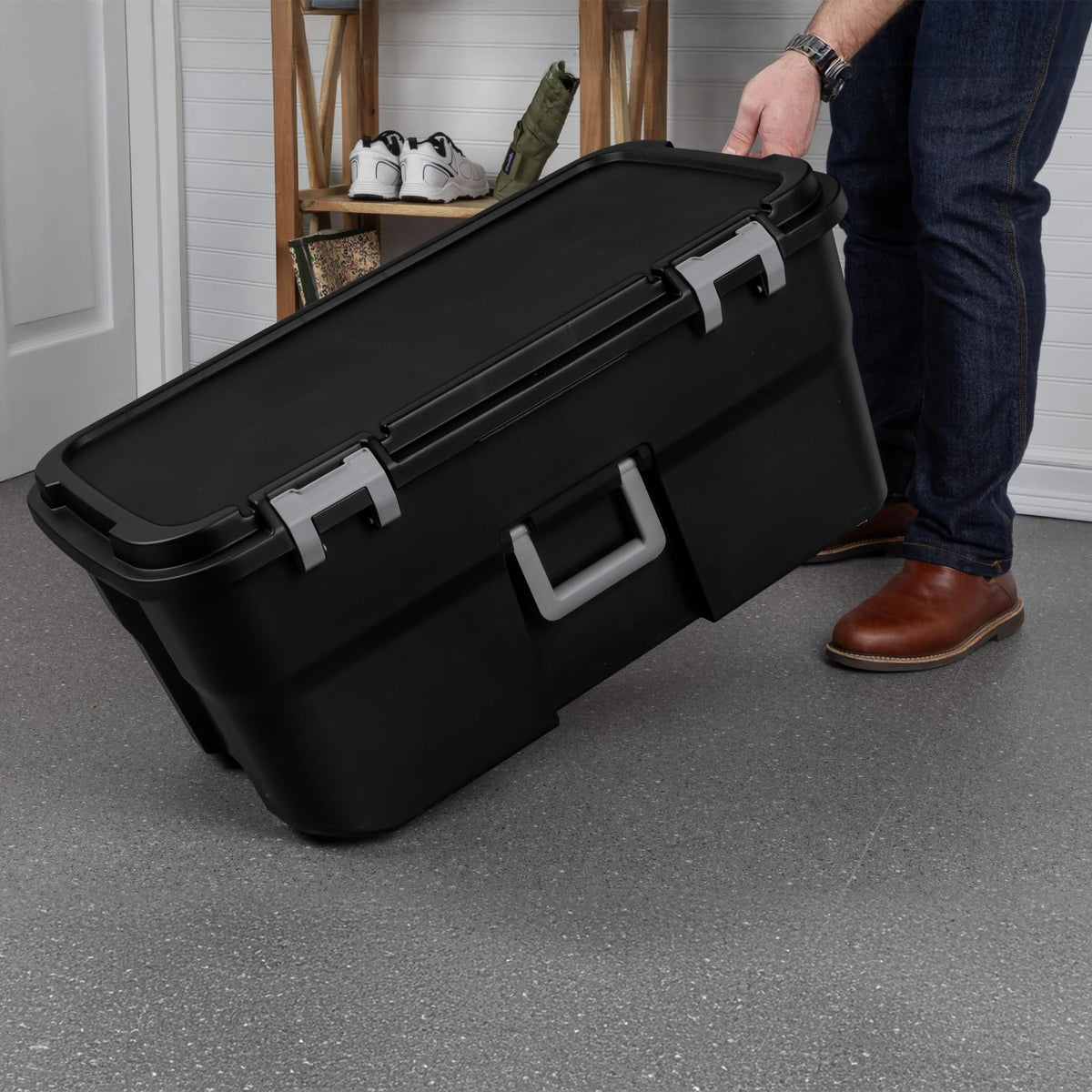 22 Gallon Black Wheeled Plastic Storage Trunk with Latching Lid L403