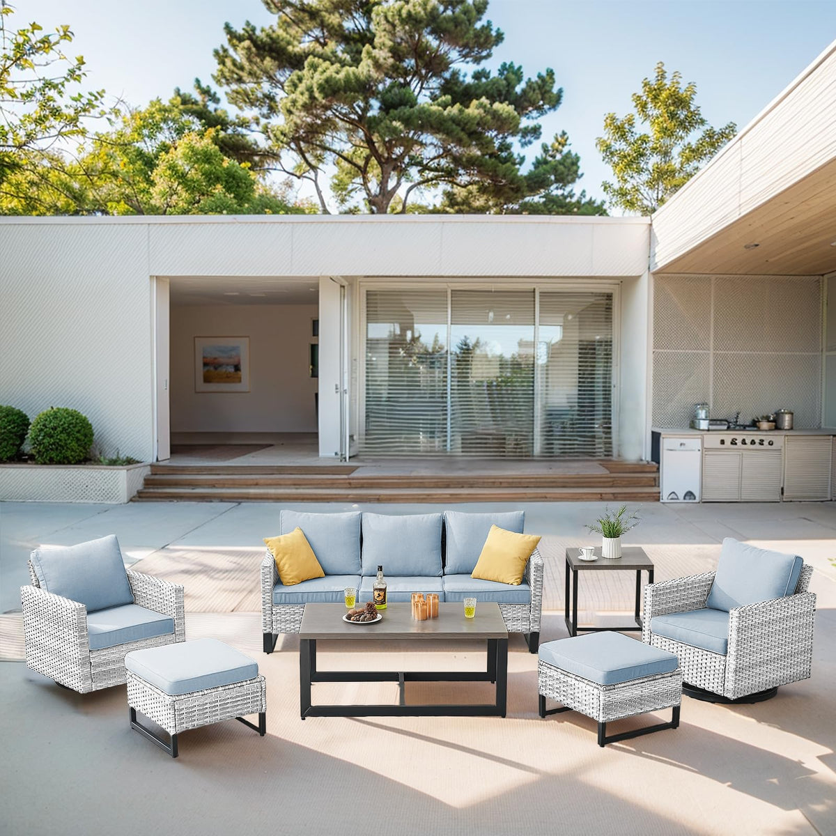 7 Piece Wicker Patio Sofa Set with Swivel Rocker Chairs and Ottomans E92374