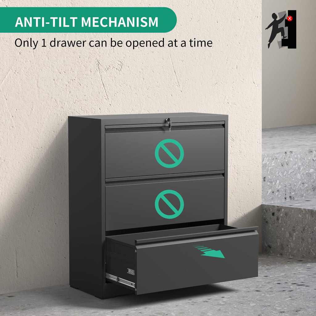Black 3 Drawer Locking Metal File Cabinet I63478