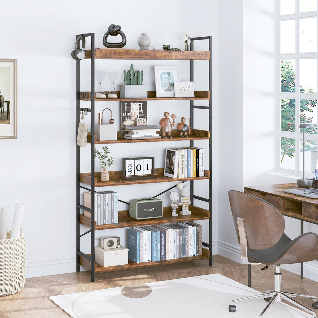 Adjustable 6-Tier Wood and Black Metal Bookshelf E63921