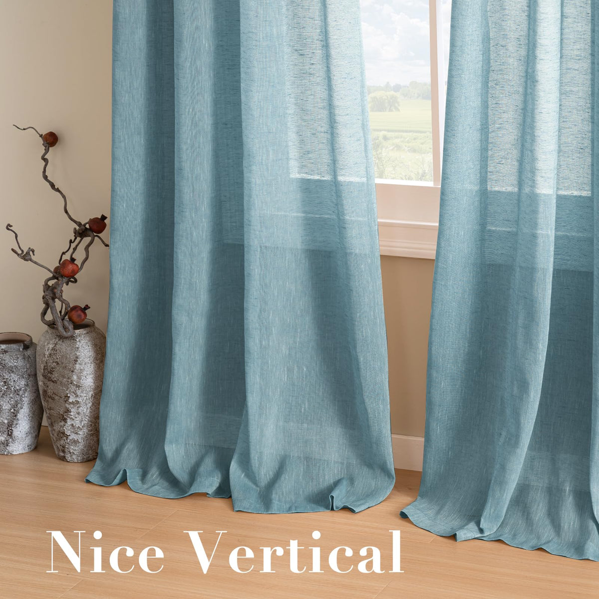 Natural Linen Curtain Panels Semi-Sheers Nickel Grommet Set of 2 Turquoise 52"W x 96"L G32493