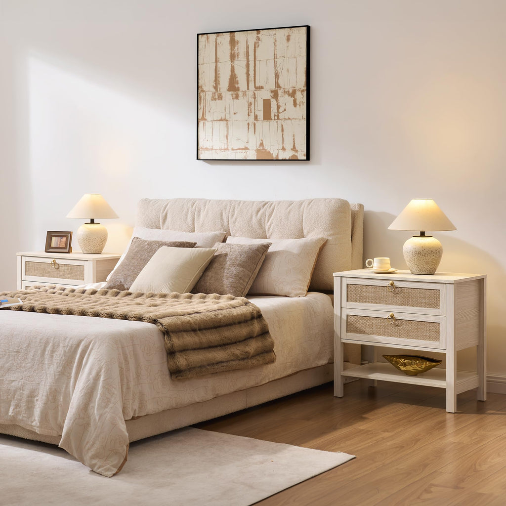 White Rattan Nightstand with 2 Drawers T25954