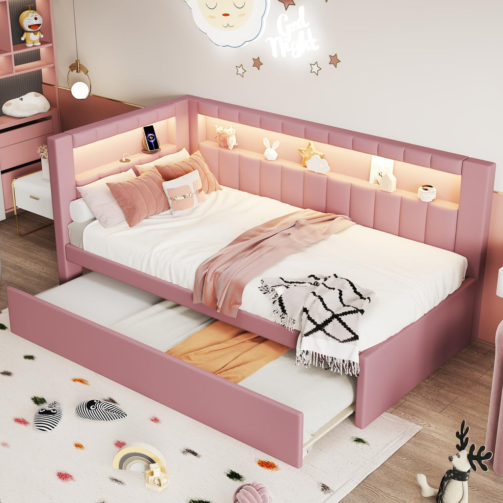 Twin Size Upholstered Platform Bed with Trundle and USB Ports, Pink X84327