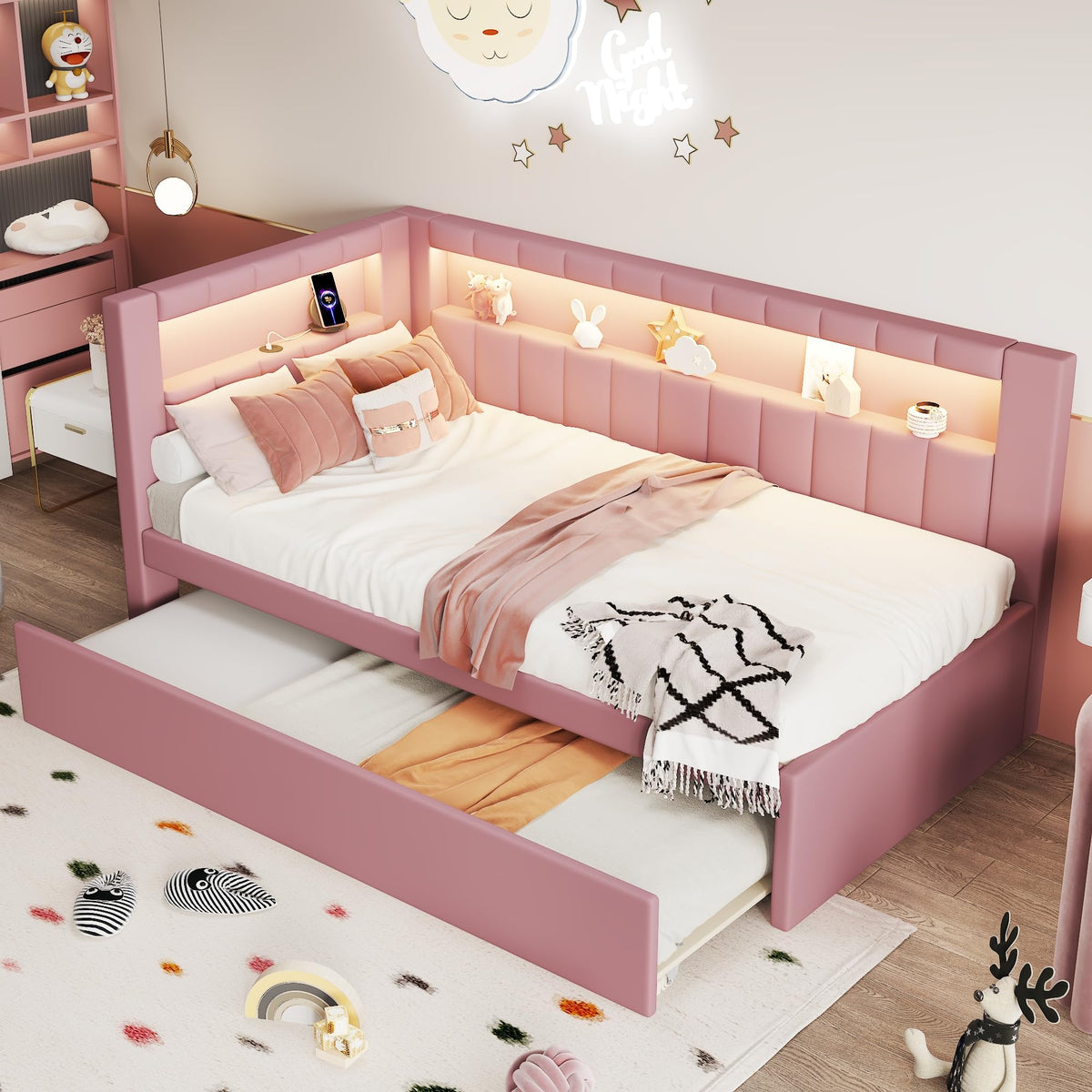 Twin Size Upholstered Platform Bed with Trundle and USB Ports, Pink X84327