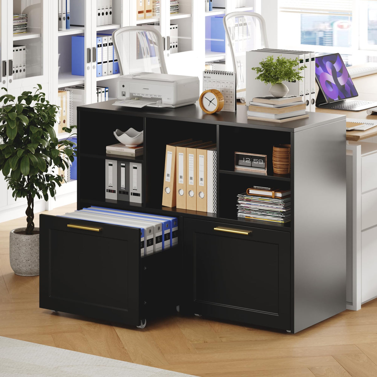 Black 2 Drawer Lateral File Cabinet with Open Storage Cubes T484380