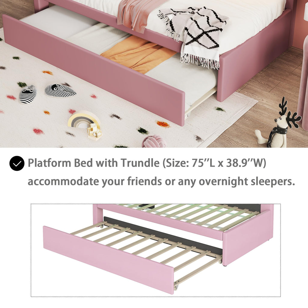Twin Size Upholstered Platform Bed with Trundle and USB Ports, Pink X84327