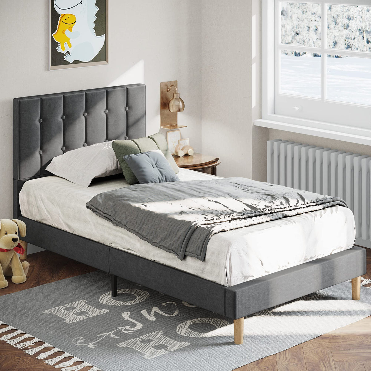 Grey Velvet Upholstered Twin Platform Bed Frame with Headboard A971