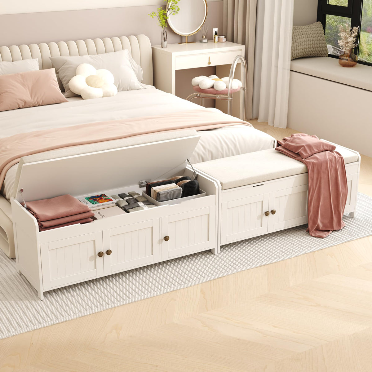 White Lift Top Storage Shoe Bench with Cushioned Seat H3296