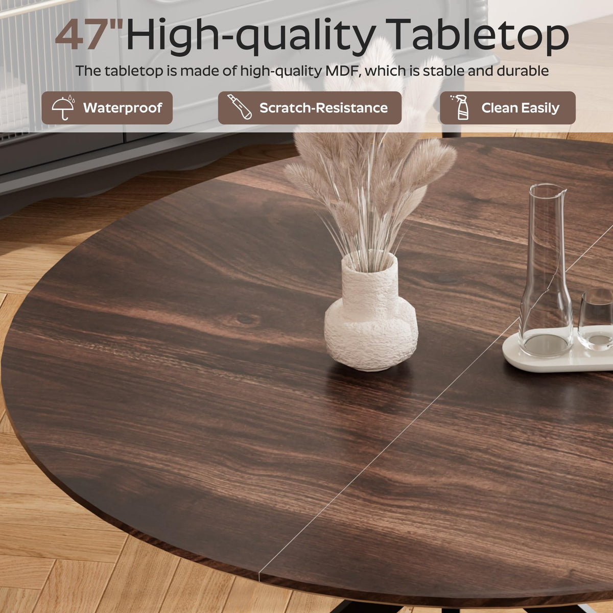 47" Walnut Round Dining Table Set for 4 with 4 Black Upholstered Chairs J265