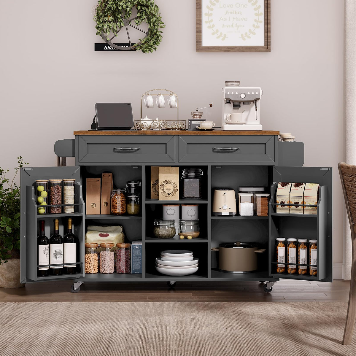 Black and Rustic Brown Kitchen Island with Power Outlets and Drop Leaf W984