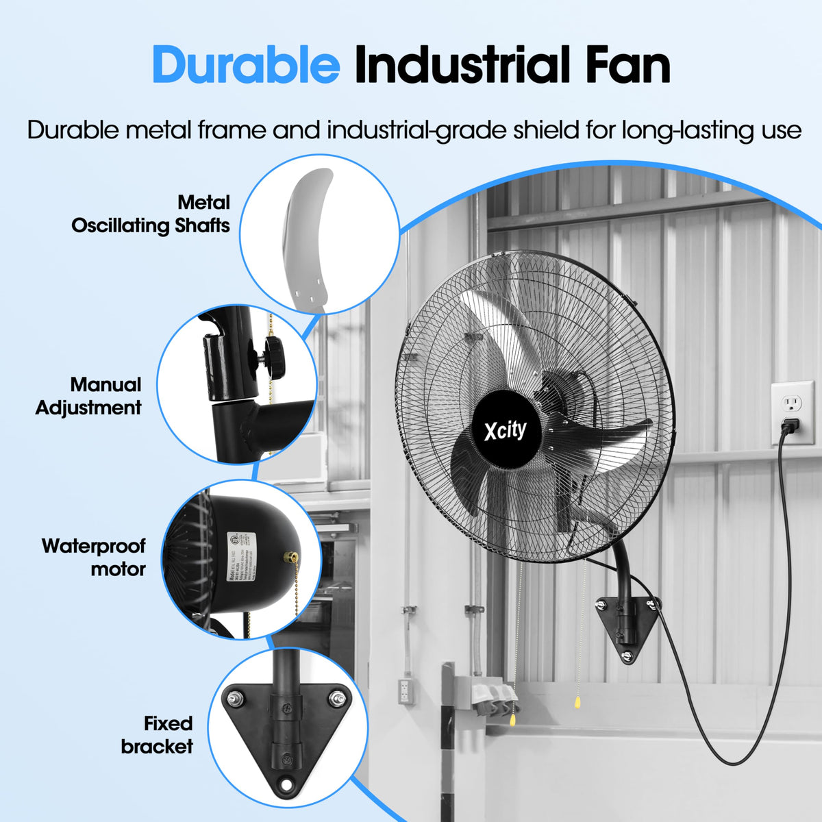 20 inch Industrial Wall Mounted Oscillating Fan, 3-Speed, 5500 CFM, Black K25118
