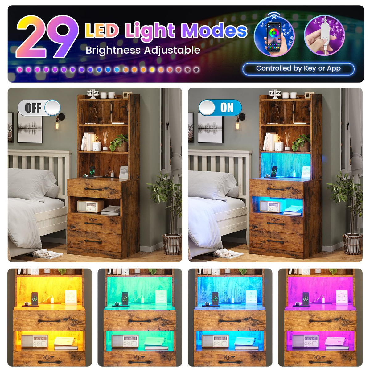 Tall Nightstand with Charging Station and LED Lights, 3 Drawers, Bookshelf Q9439