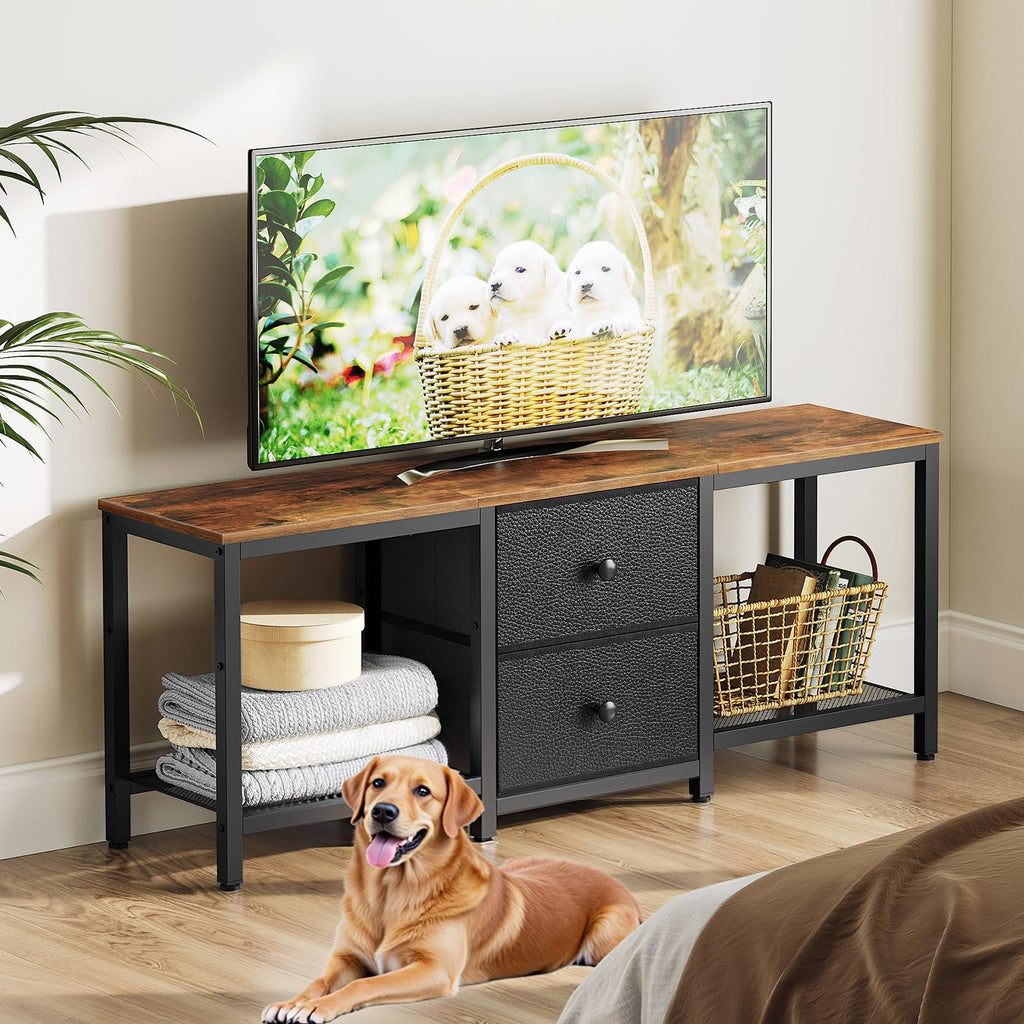 Rustic Brown and Black TV Stand with 2 Fabric Drawer F34754
