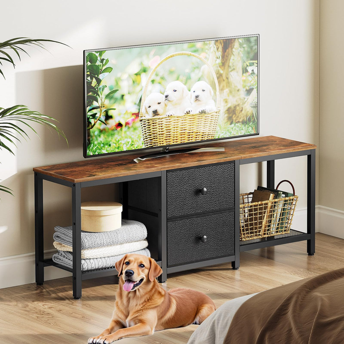 Rustic Brown and Black TV Stand with 2 Fabric Drawer F34754