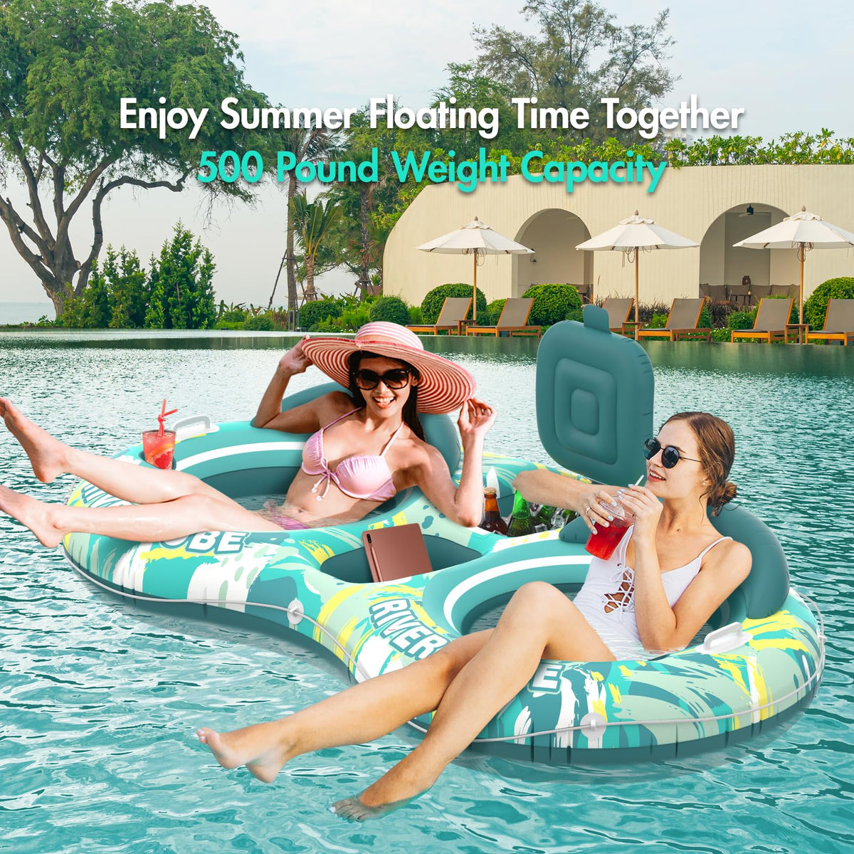 5-in-1 Pool Floats 2 Person River Tube with Backrests Built-in Cooler Z286488