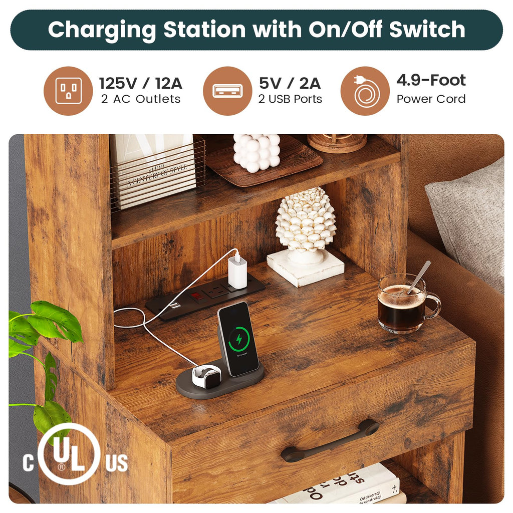 Tall Nightstand with Charging Station and LED Lights, 3 Drawers, Bookshelf Q9439