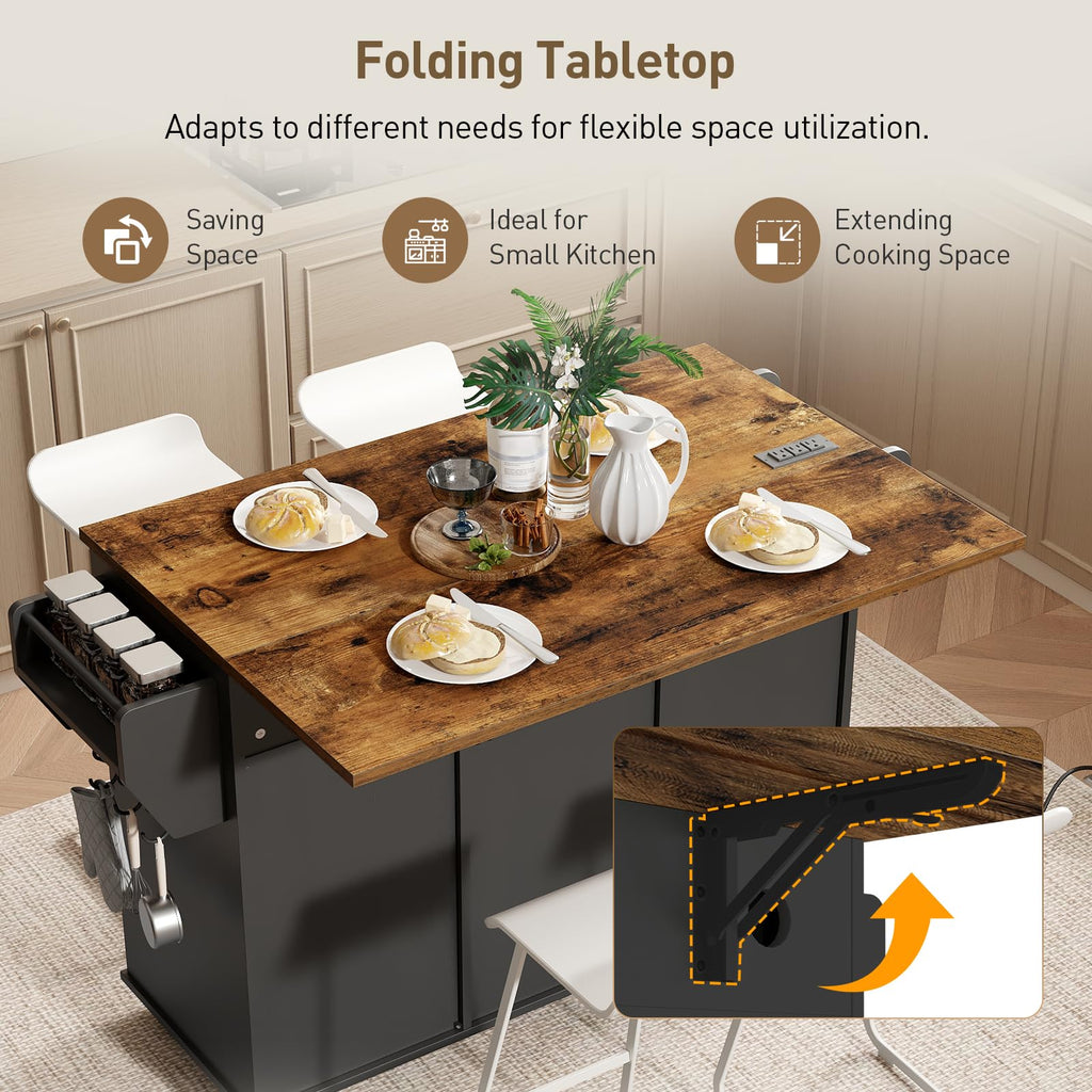 Black and Rustic Brown Kitchen Island with Power Outlets and Drop Leaf W984