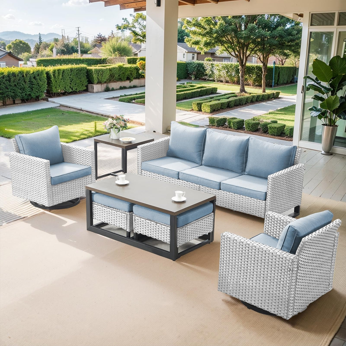 7 Piece Wicker Patio Sofa Set with Swivel Rocker Chairs and Ottomans E92374
