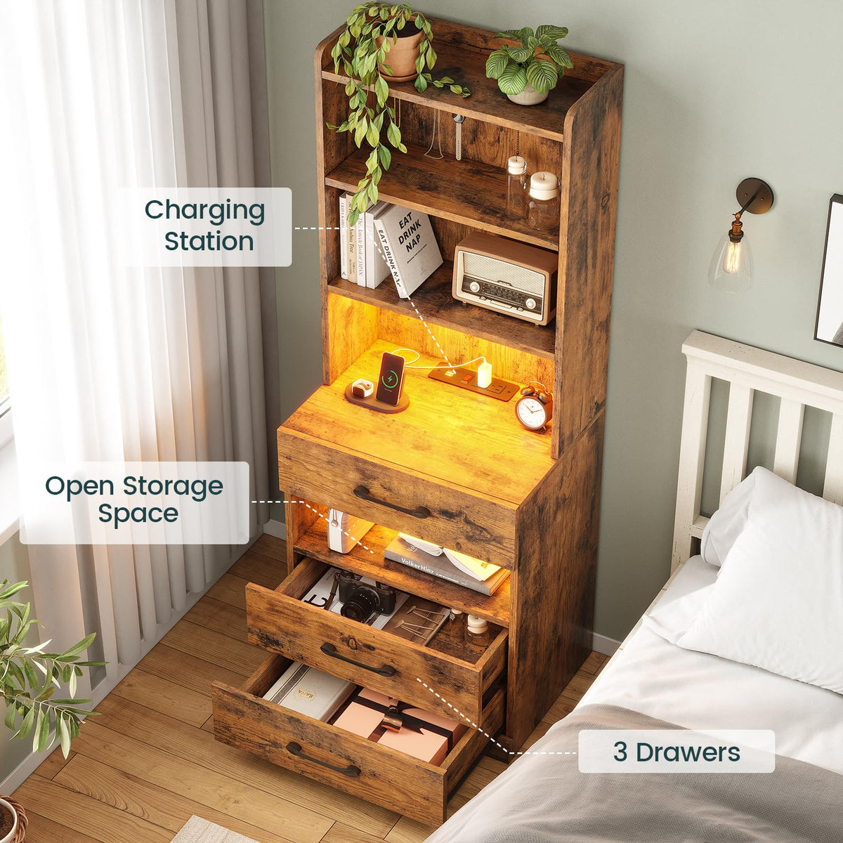 Tall Nightstand with Charging Station and LED Lights, 3 Drawers, Bookshelf Q9439