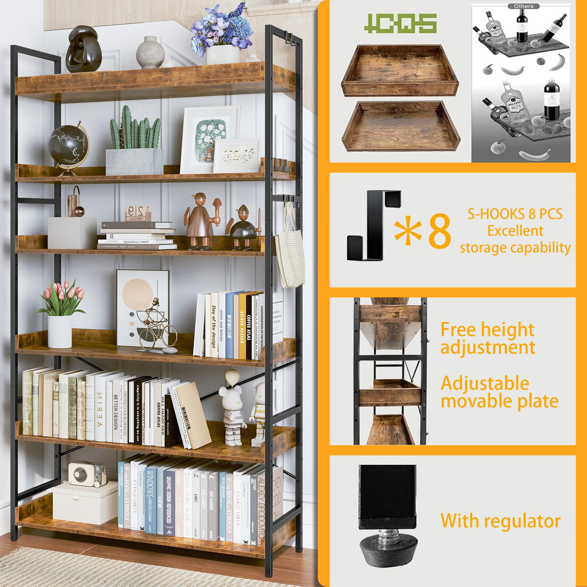 Adjustable 6-Tier Wood and Black Metal Bookshelf E63921