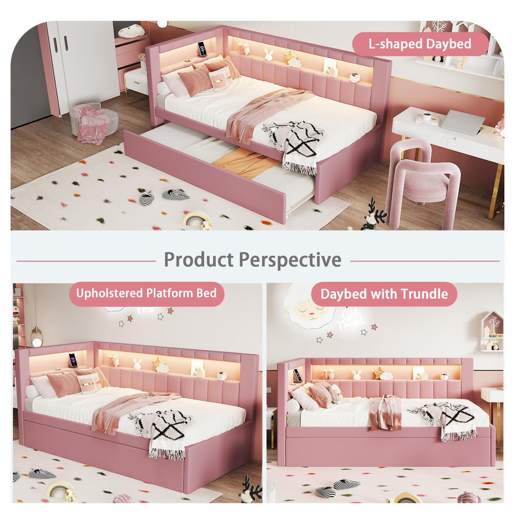 Twin Size Upholstered Platform Bed with Trundle and USB Ports, Pink X84327