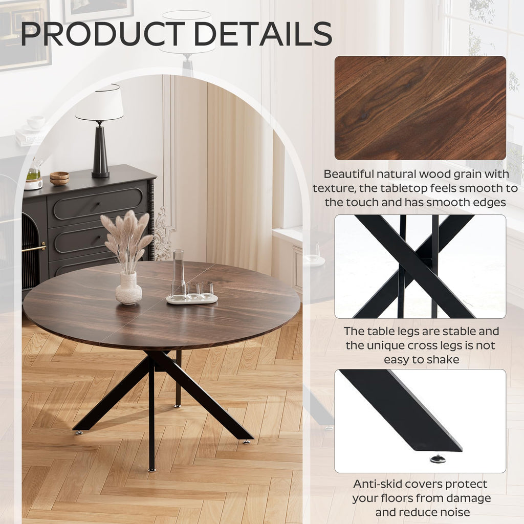 47" Walnut Round Dining Table Set for 4 with 4 Black Upholstered Chairs J265