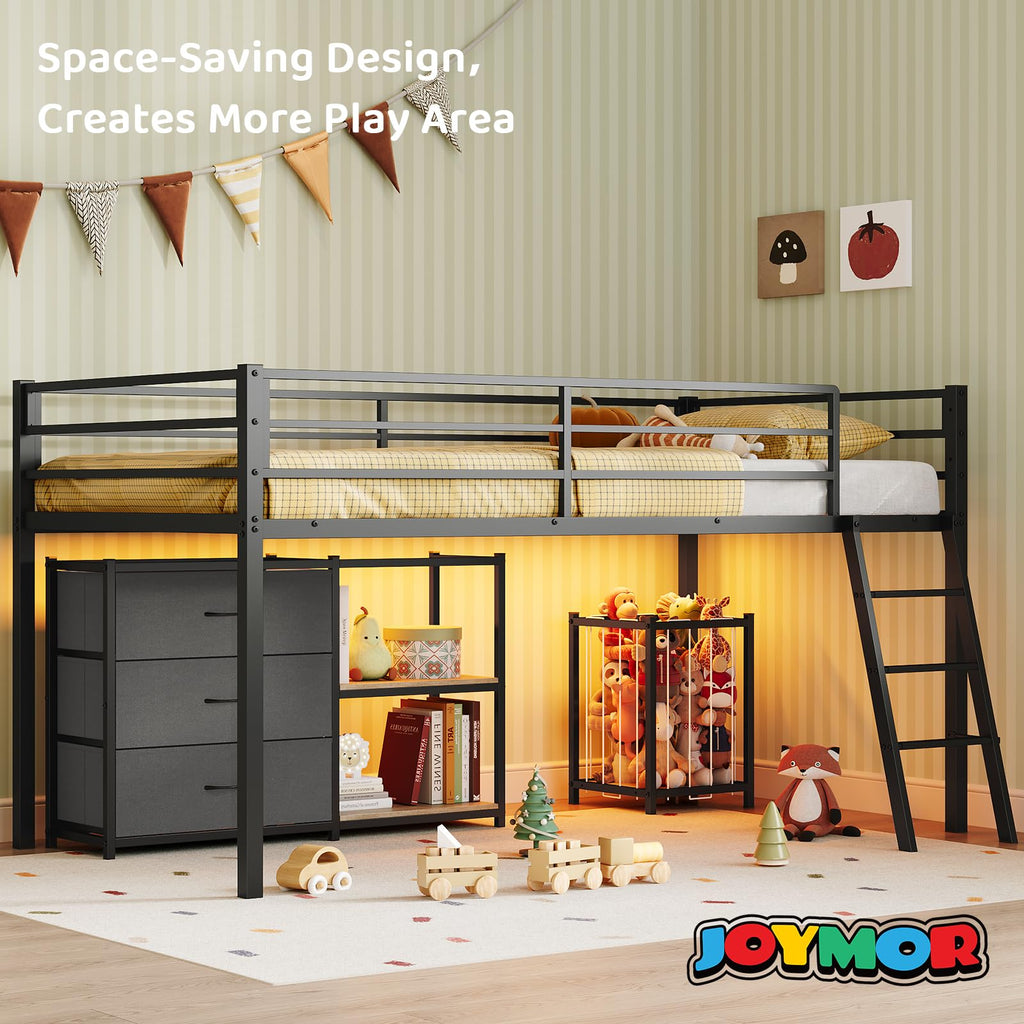 Black Twin Size Metal Low Loft Bed with 3 Drawers and Storage Q5268