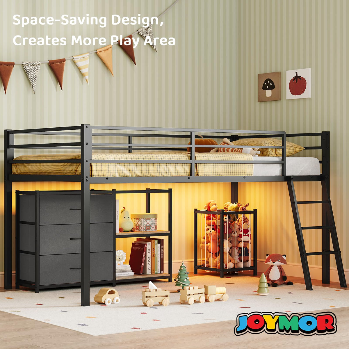 Black Twin Size Metal Low Loft Bed with 3 Drawers and Storage Q5268