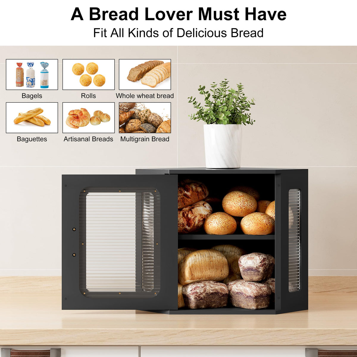 Large Black Wooden Bread Box with Acrylic Window Z46355