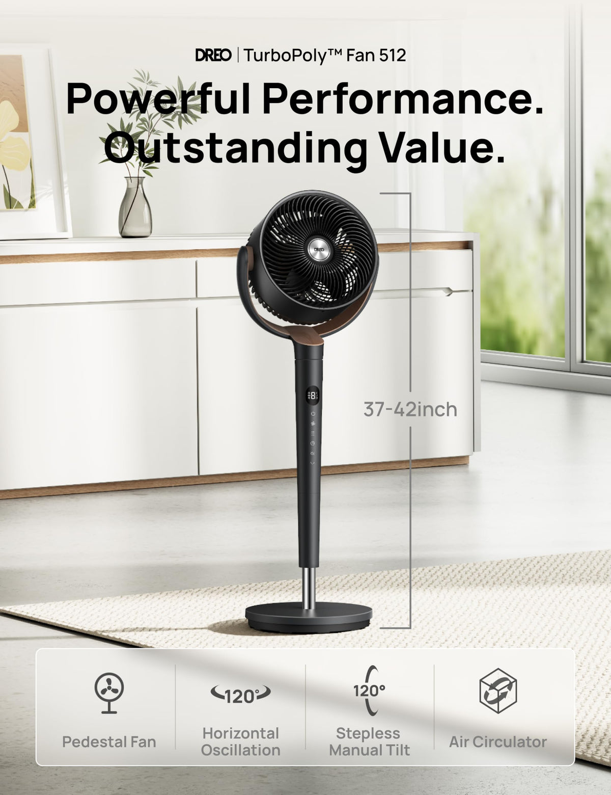 120° Oscillating Standing Fan, Quiet Floor Fan with DC Motor, 9 Speeds, 4 modes, 37-42" Adjustable Height, 9H Timer, Dark Gray S67199