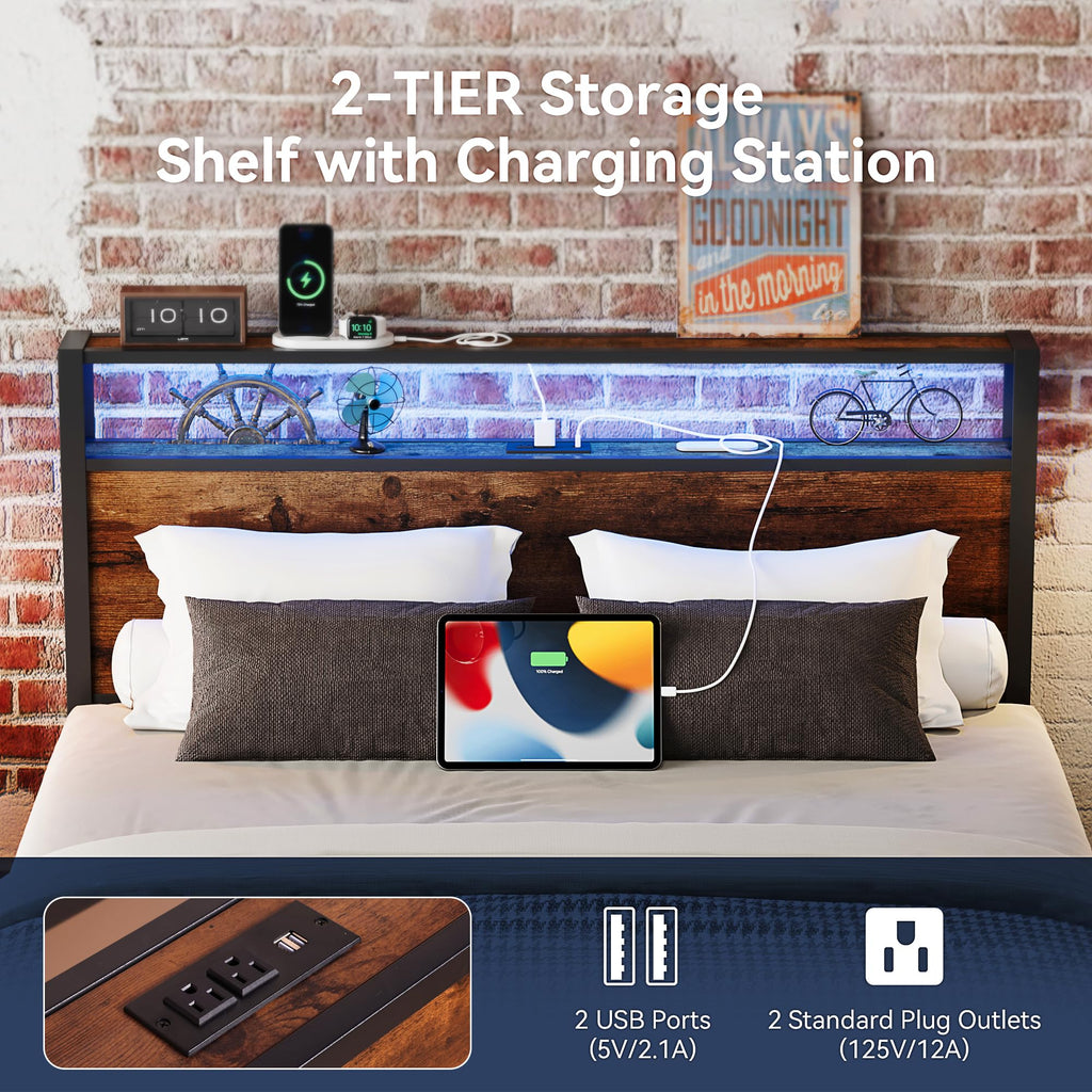 Queen Size Metal Bed Frame with Storage Headboard and Charging Station B2693