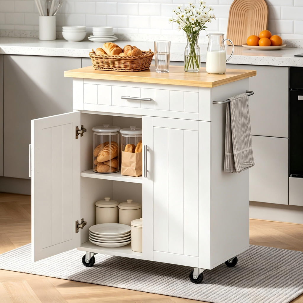 26" Rolling Kitchen Island Cart with Drawer, Shelves, Towel Rack, Lockable Casters, White I84109