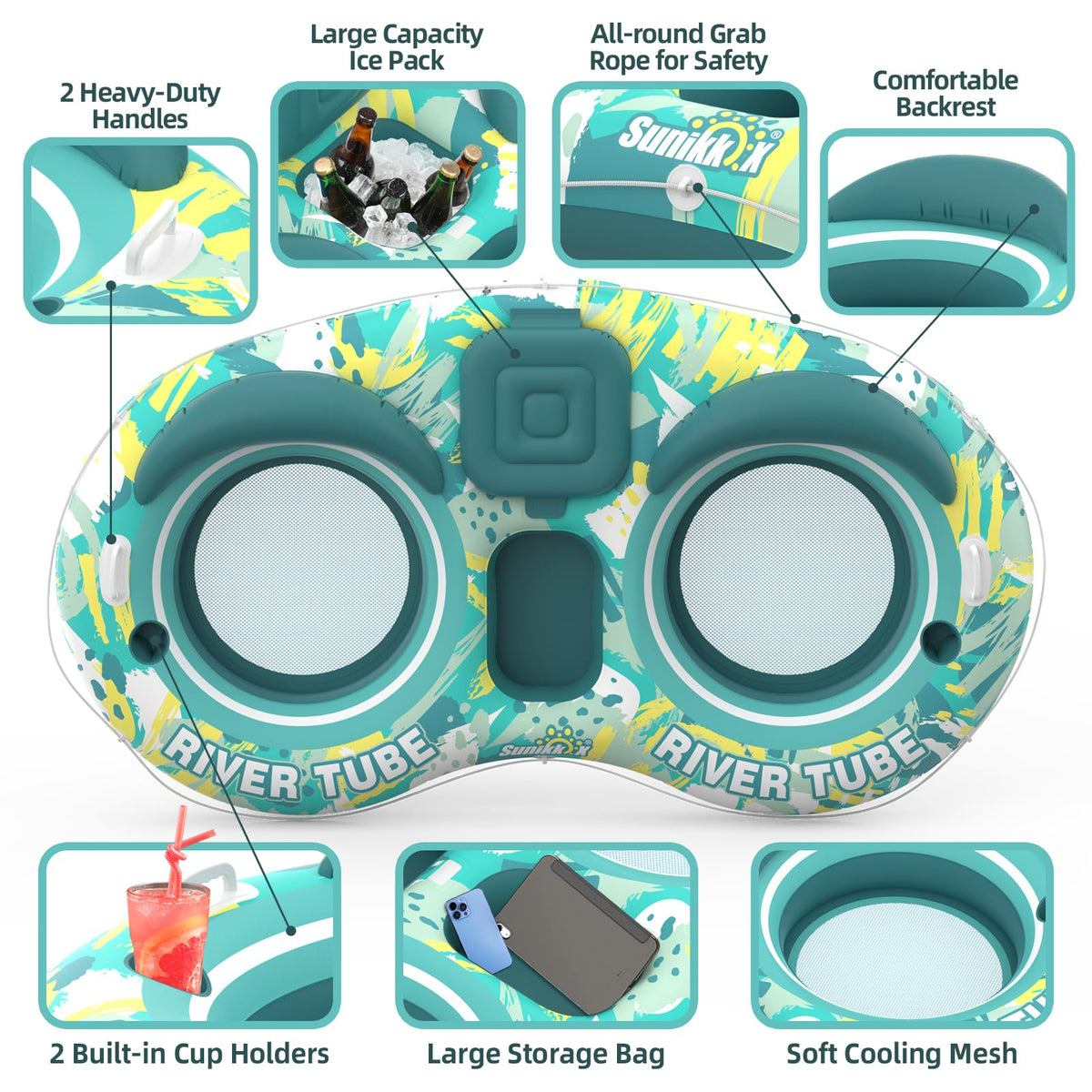 5-in-1 Pool Floats 2 Person River Tube with Backrests Built-in Cooler Z286488