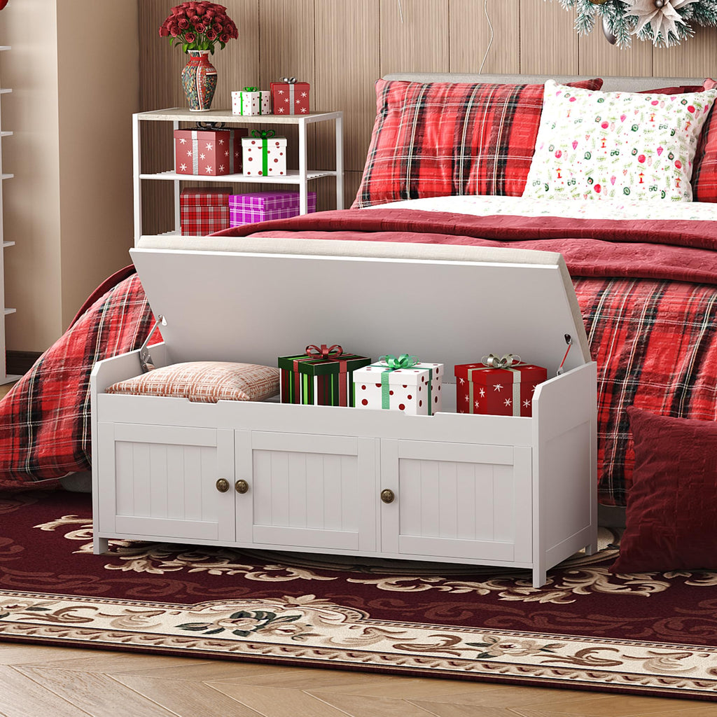 White Lift Top Storage Shoe Bench with Cushioned Seat H3296
