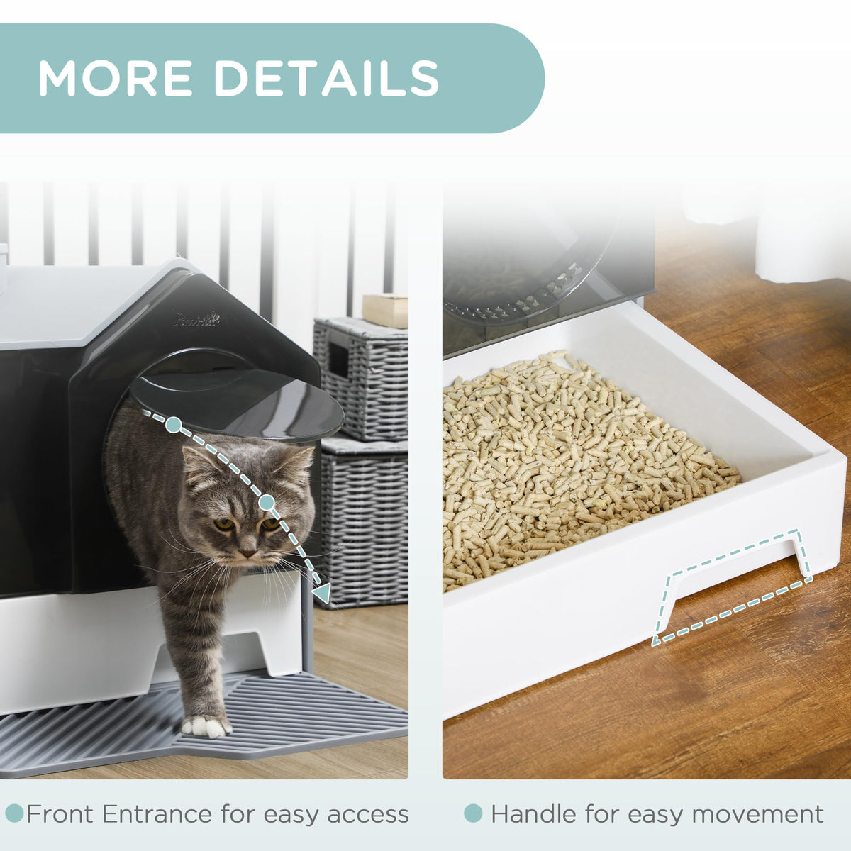 Hooded Cat Litter Box with Litter Mat, Pull-Out Drawer, Handle, Scoop, Gray Y390740
