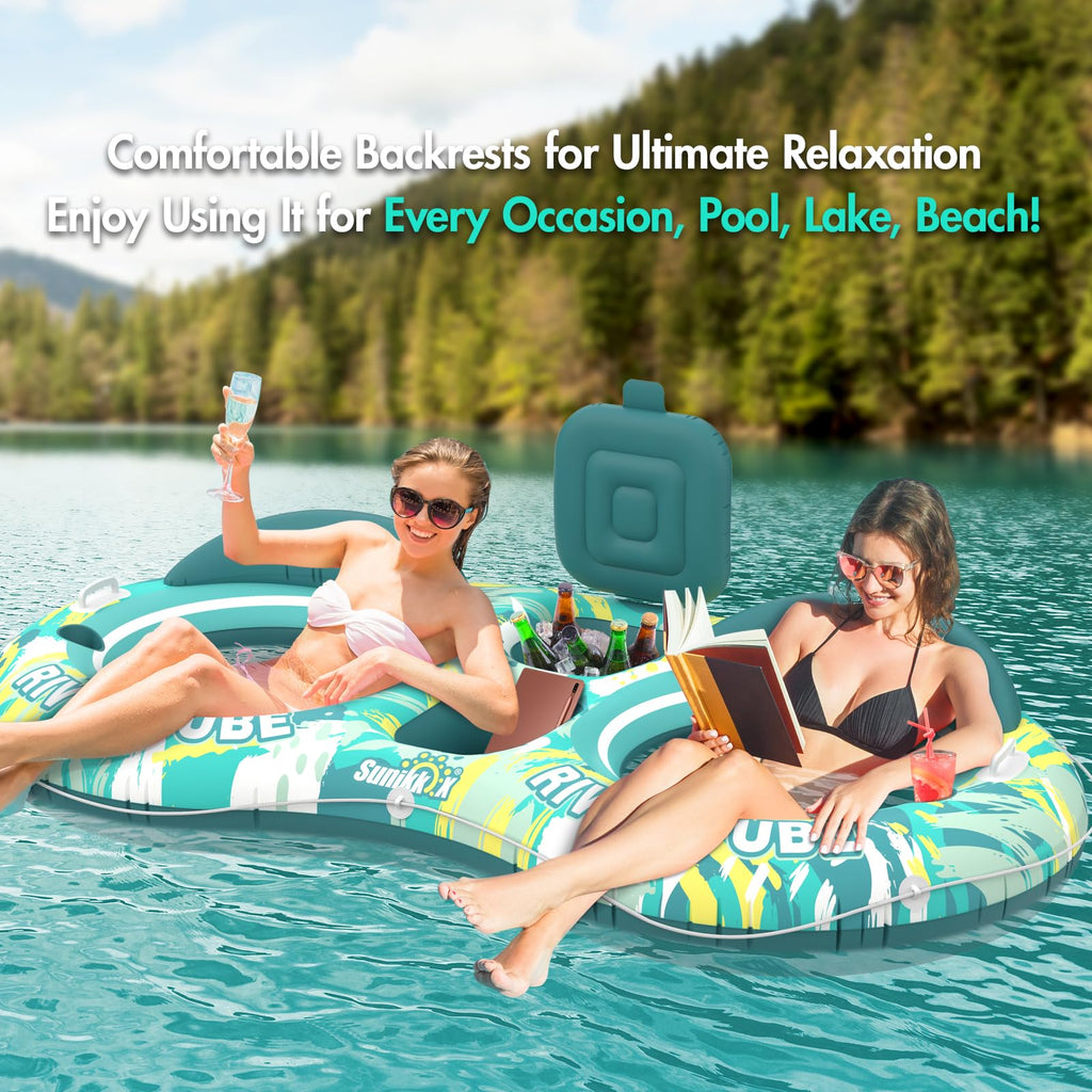5-in-1 Pool Floats 2 Person River Tube with Backrests Built-in Cooler Z286488