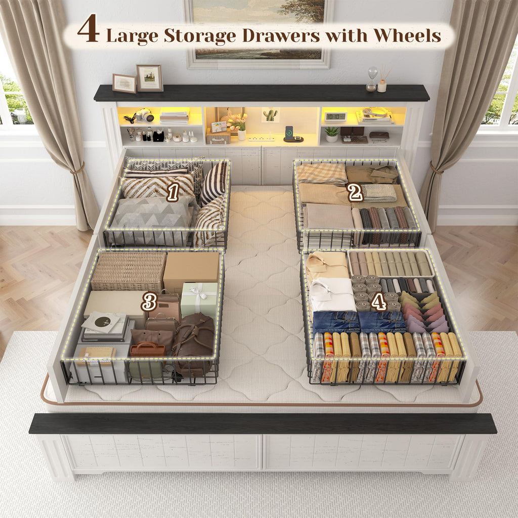 White Full Size Bed Frame with Headboard and Storage T42881